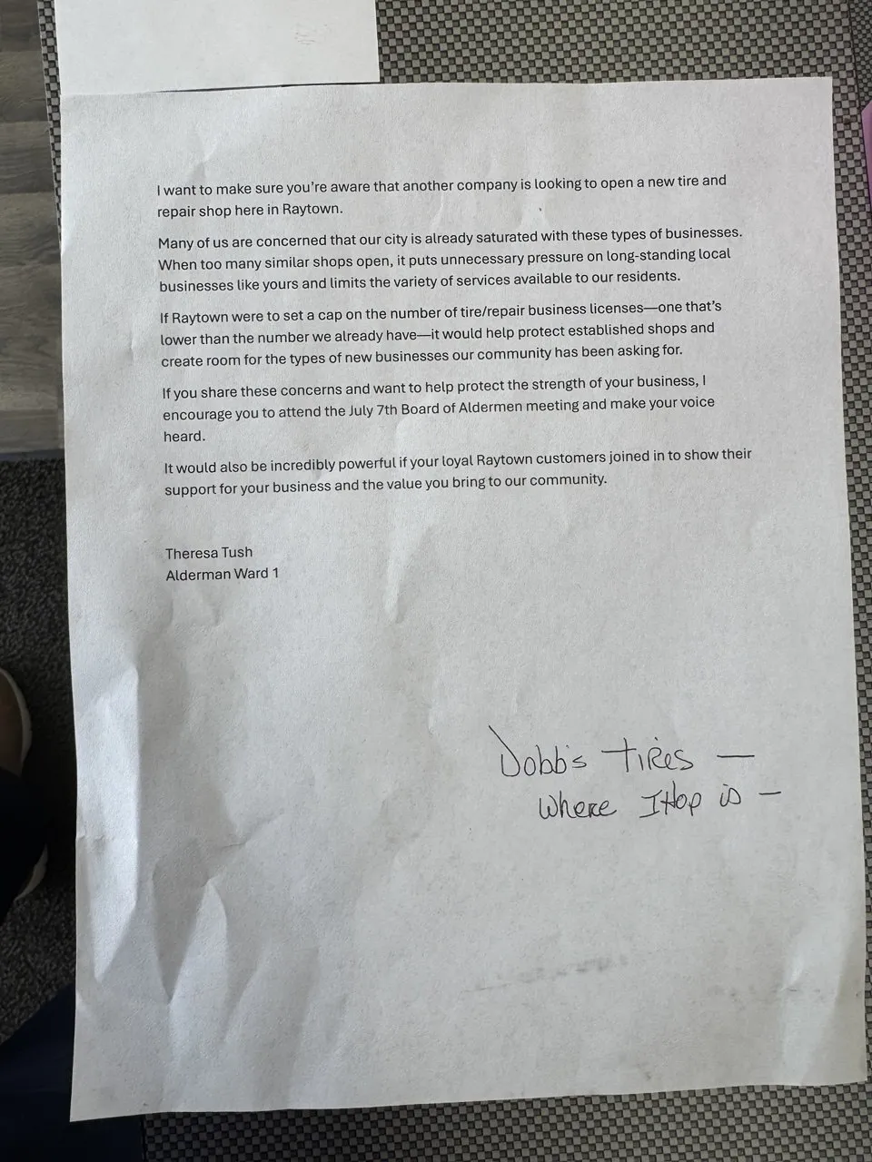 Letter circulated by Alderman Theresa Tush urging local tire shops to oppose the Dobbs permit, with the recipient's handwritten annotation 'Dobb's tires, where IHop is'